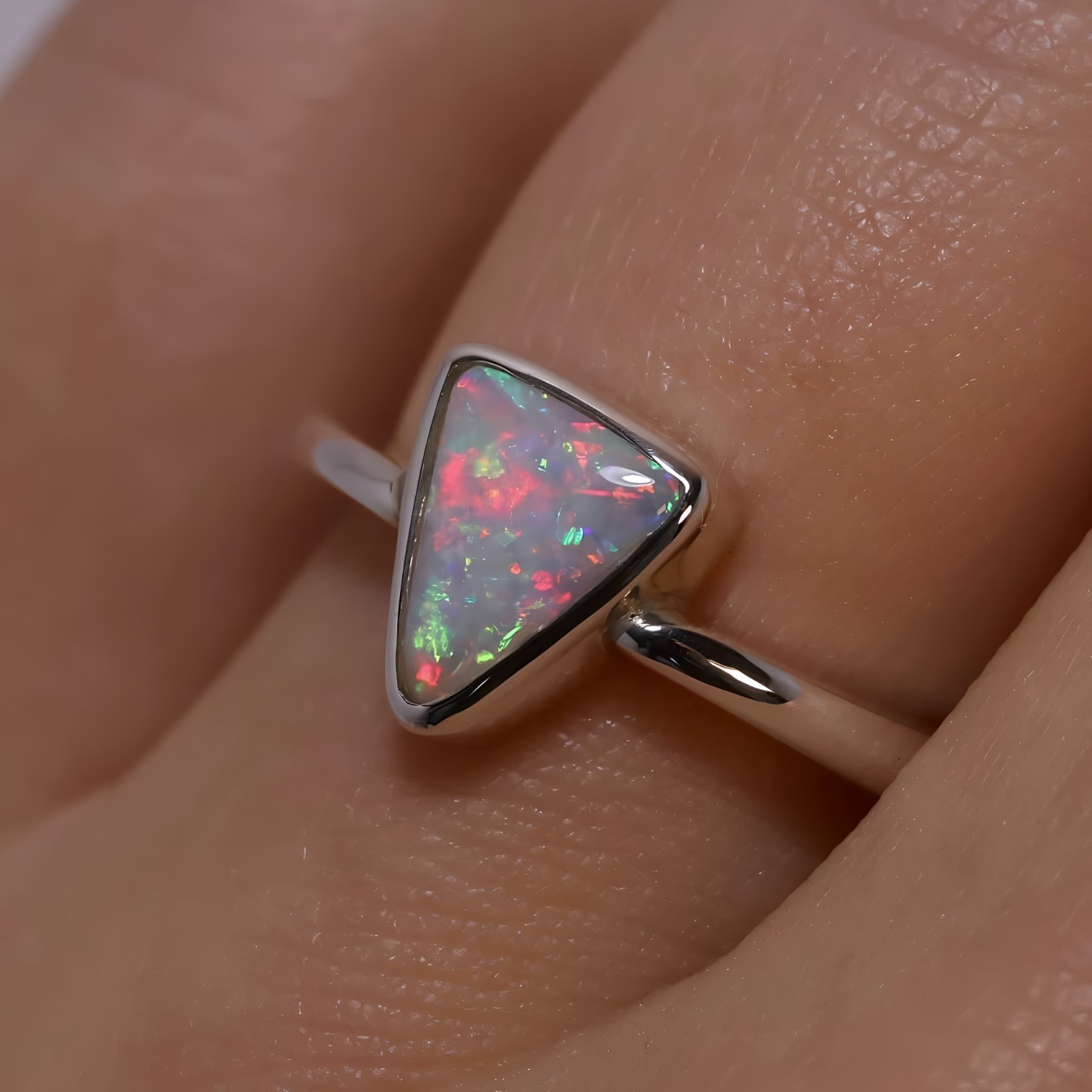 Natural Opal Cabochon Triangle Ring Handmade 925 Sterling Silver Gift