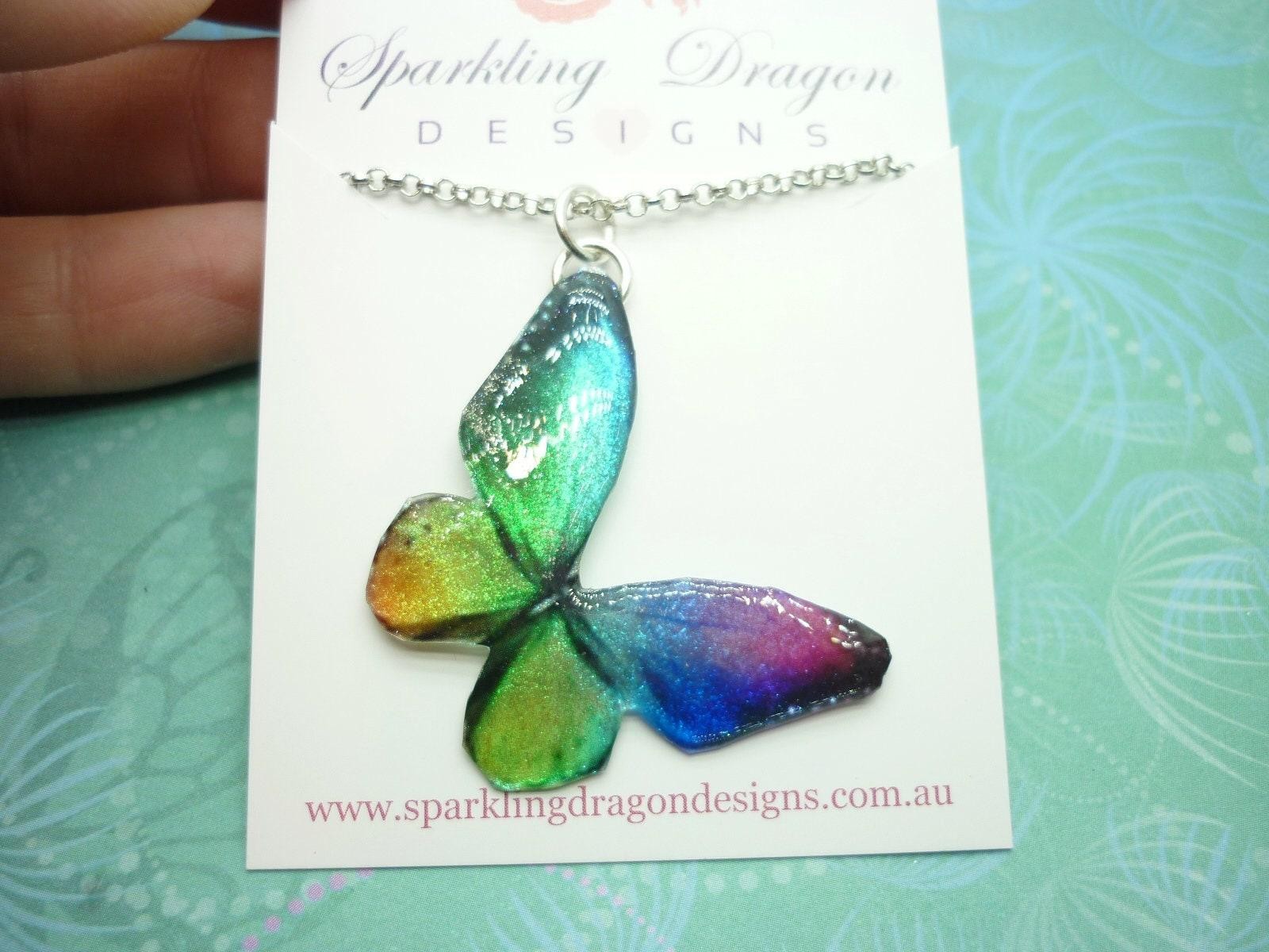 Butterfly necklace glittery rainbow on a sparkle silver plated chain – fairy