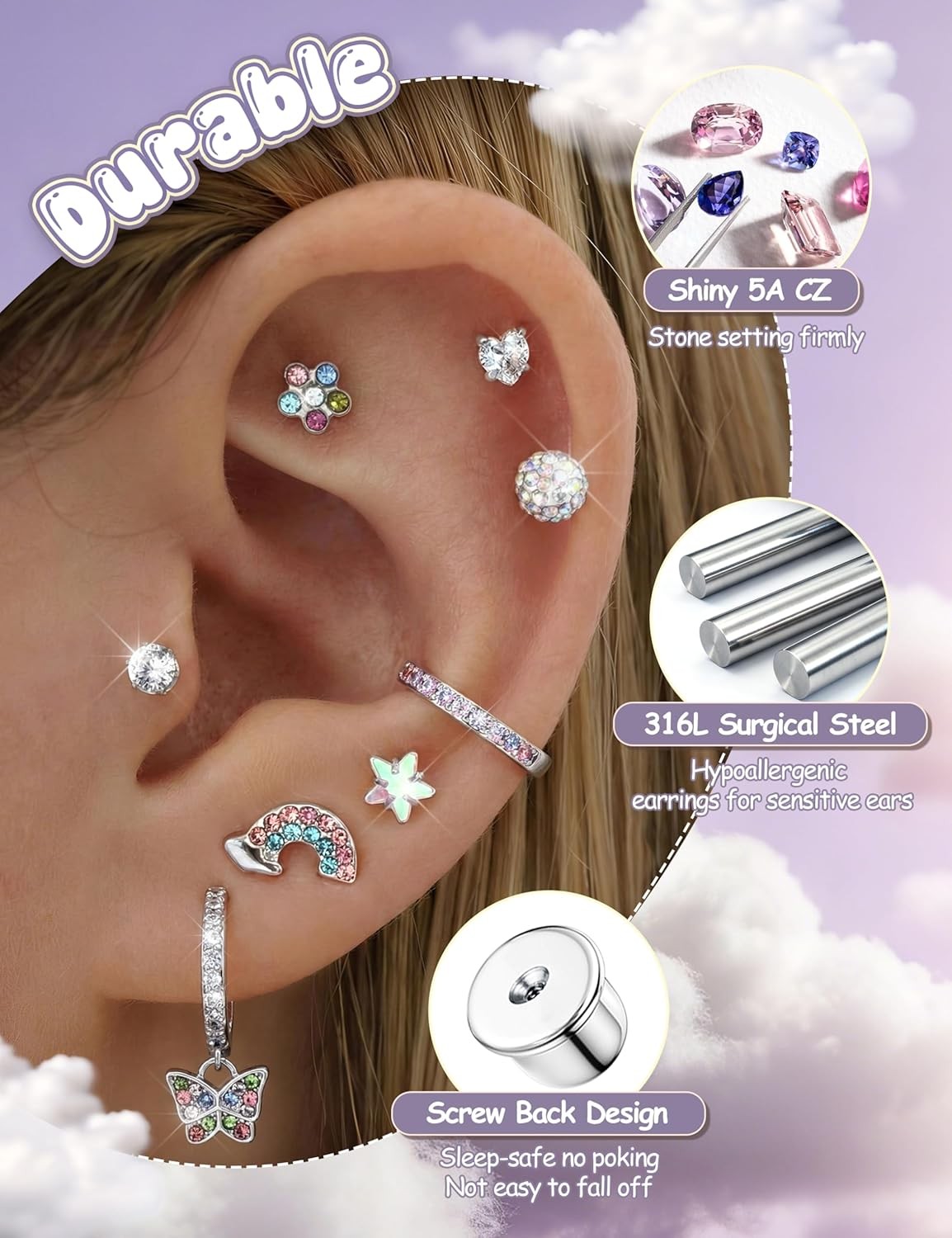 Hypoallergenic Flat Back Earrings Set Girls Kids Surgical Steel Sensitive Ears