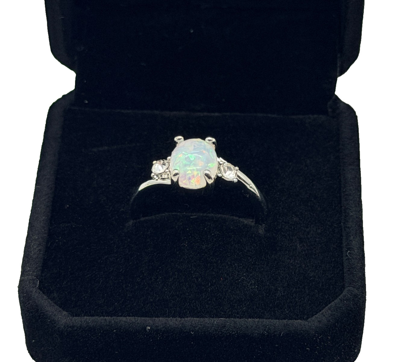 Opal Heart Ring Size 7 – Iridescent Synthetic Opal & Crystal Accent Fashion Jewe