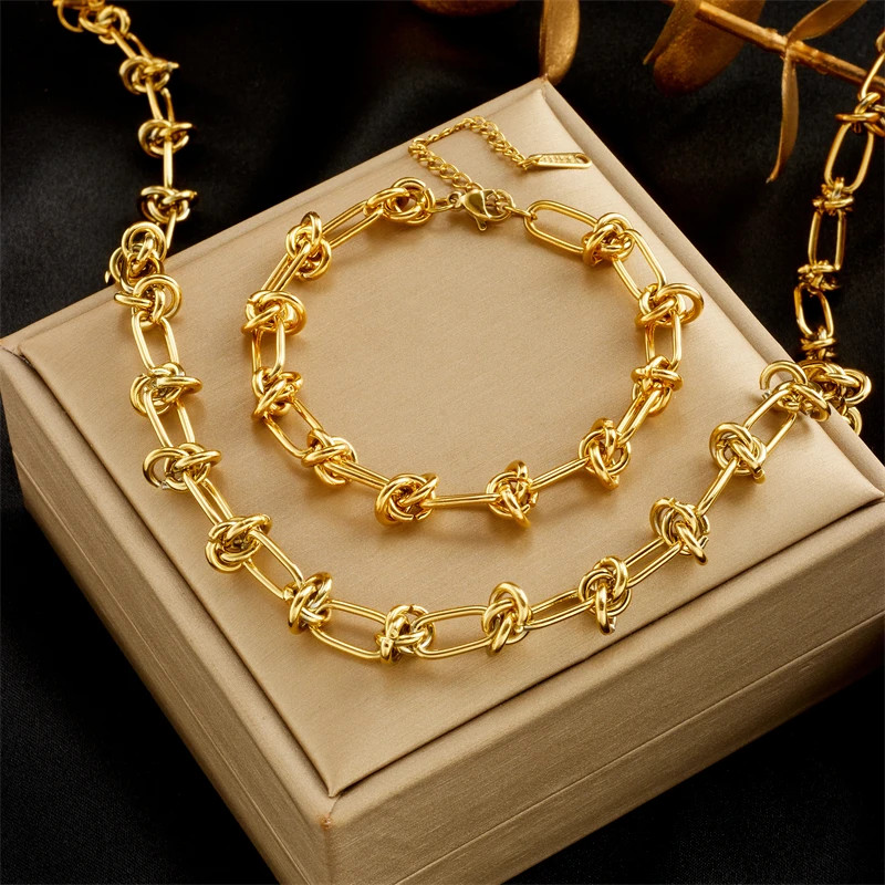 316L Stainless Steel Gold Silver Color Twist Womens Girl Jewelry Set