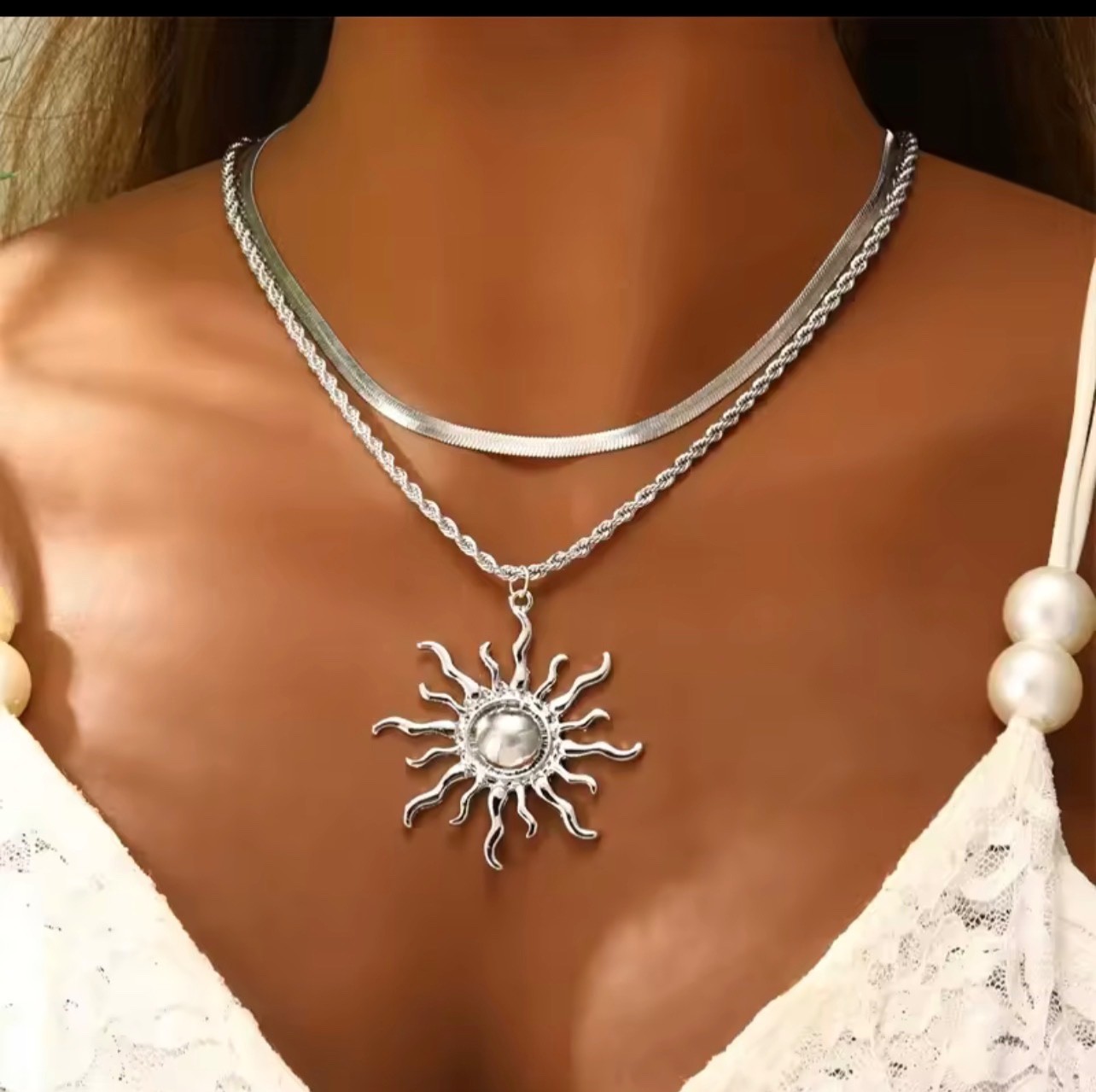 Exaggerated Big Sun Pendant Necklace for Women Trendy Double Layer Snake Bone Ch