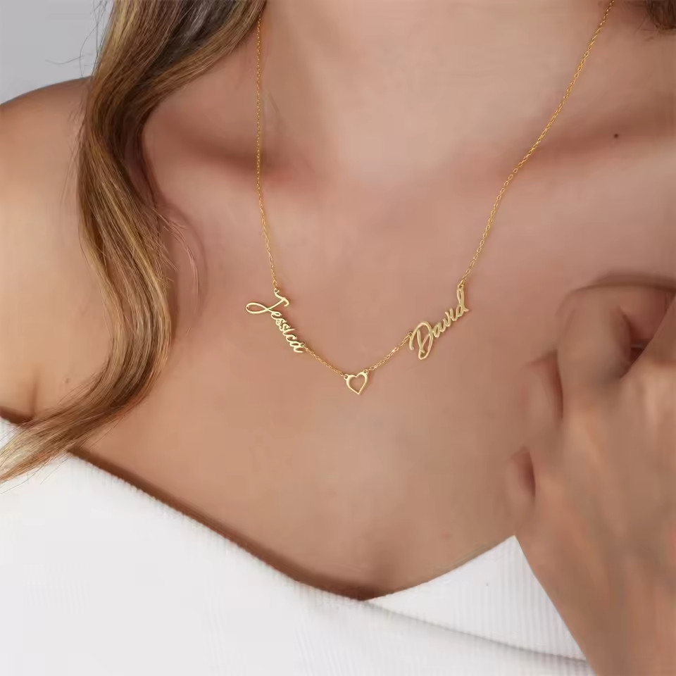 Custom Two Name Hollow Heart Pendant Necklace Chain Jewelry Love Gift Silver