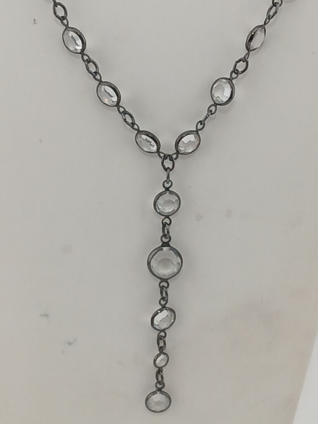 LUCY ISAACS NYC 1990 gunmetal open bezel Swarovski crystals Y Design Necklace