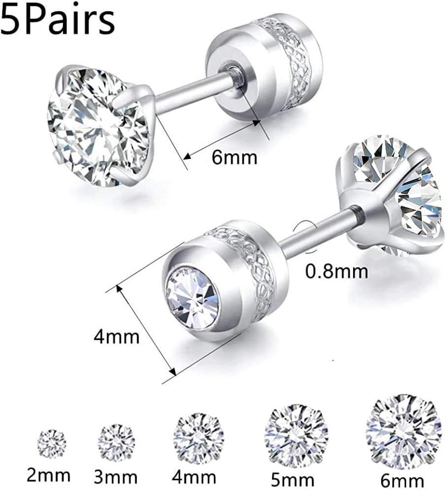 5 Pairs Titanium Screw Back Stud Earrings Set for Sensitive Ears, Hypoallergenic