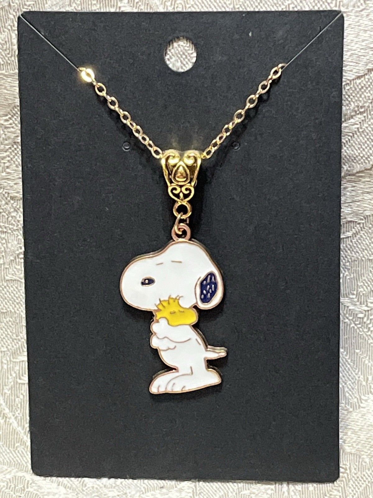 Snoopy Woodstock Hug Gold Enamel Charm Pendant Fashion Boho Gold Necklace 18”