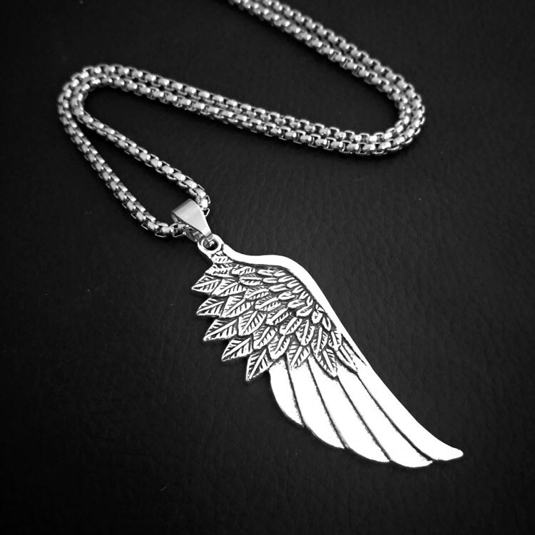 Mens Angel Wing Feather Pendant Necklace Biker Jewelry Stainless Steel Chain 24″