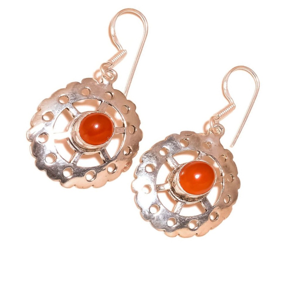 Natural Orange Carnelian Round Gemstone 925 Silver Handmade Drop Dangle Earrings