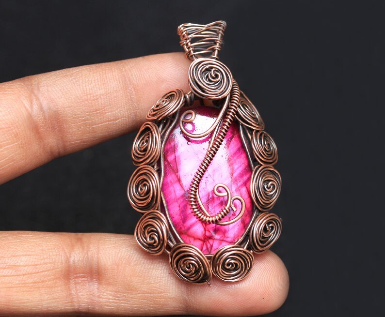 Birth Gift Pendant Pink Fire Labradorite Copper Wire Wrap Pendant Jewelry N34