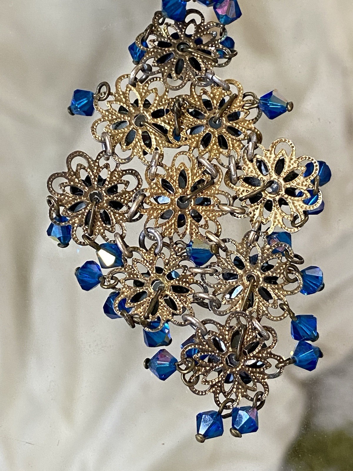Vintage Signed IND ARG Blue Crystal Clip-On Chandelier Dangle Earrings,