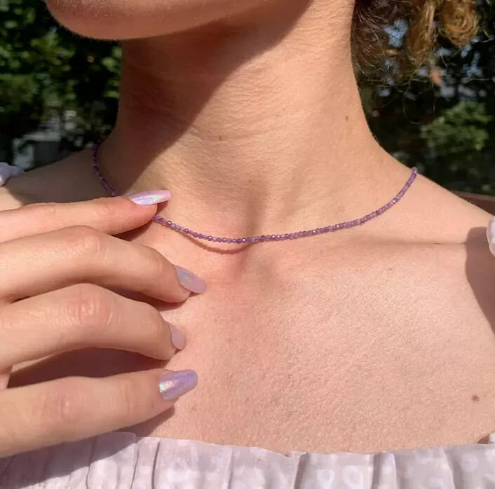 Natural Amethyst Healing Crystal Choker 2mm Faceted Beads Reiki Energy Necklace