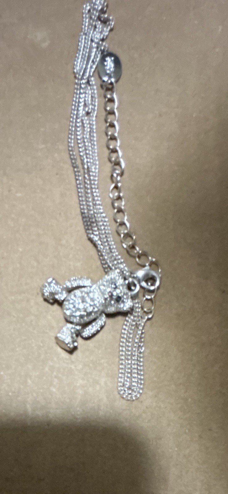 Silver Tone Crystal Teddy Bear Charm Pendant Necklace Cable Chain Adjustable