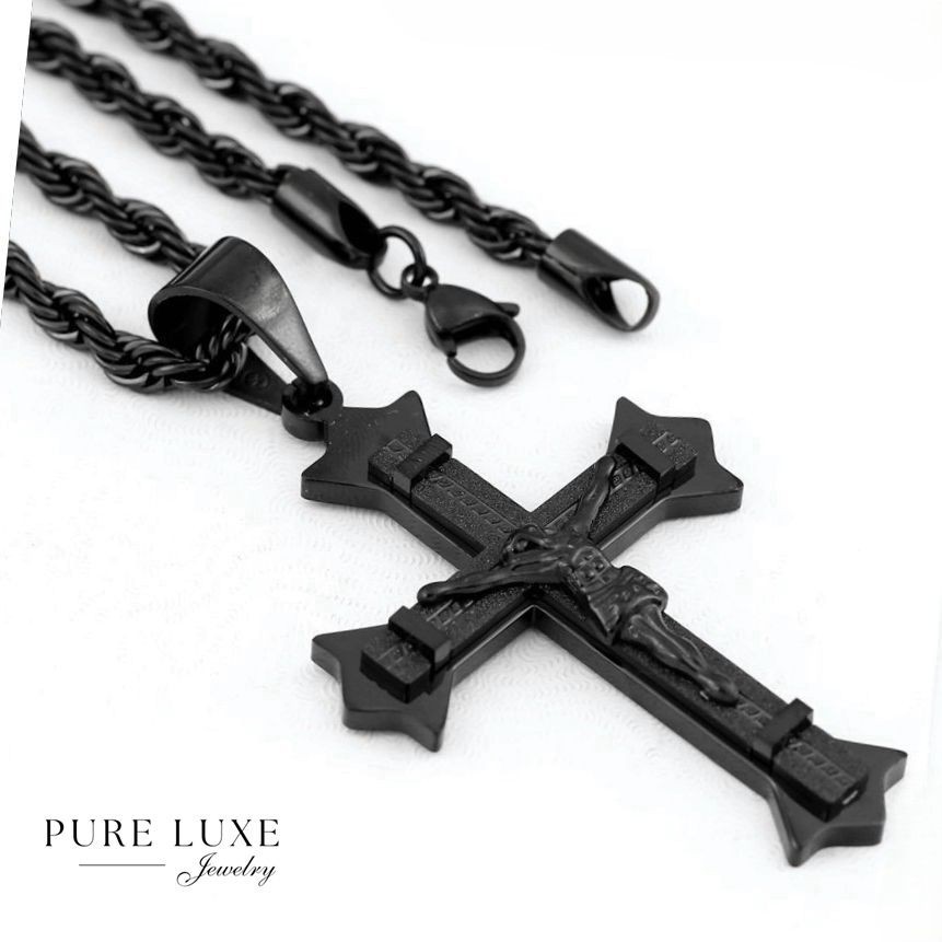Men’s 24″ Stainless Steel Black,Rope Chain Necklace 84mm Solid CROSS Pendant*Box