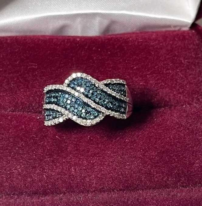 Silver Tone Blue & Clear Crystal Pavé Wave Band Ring, Size 7