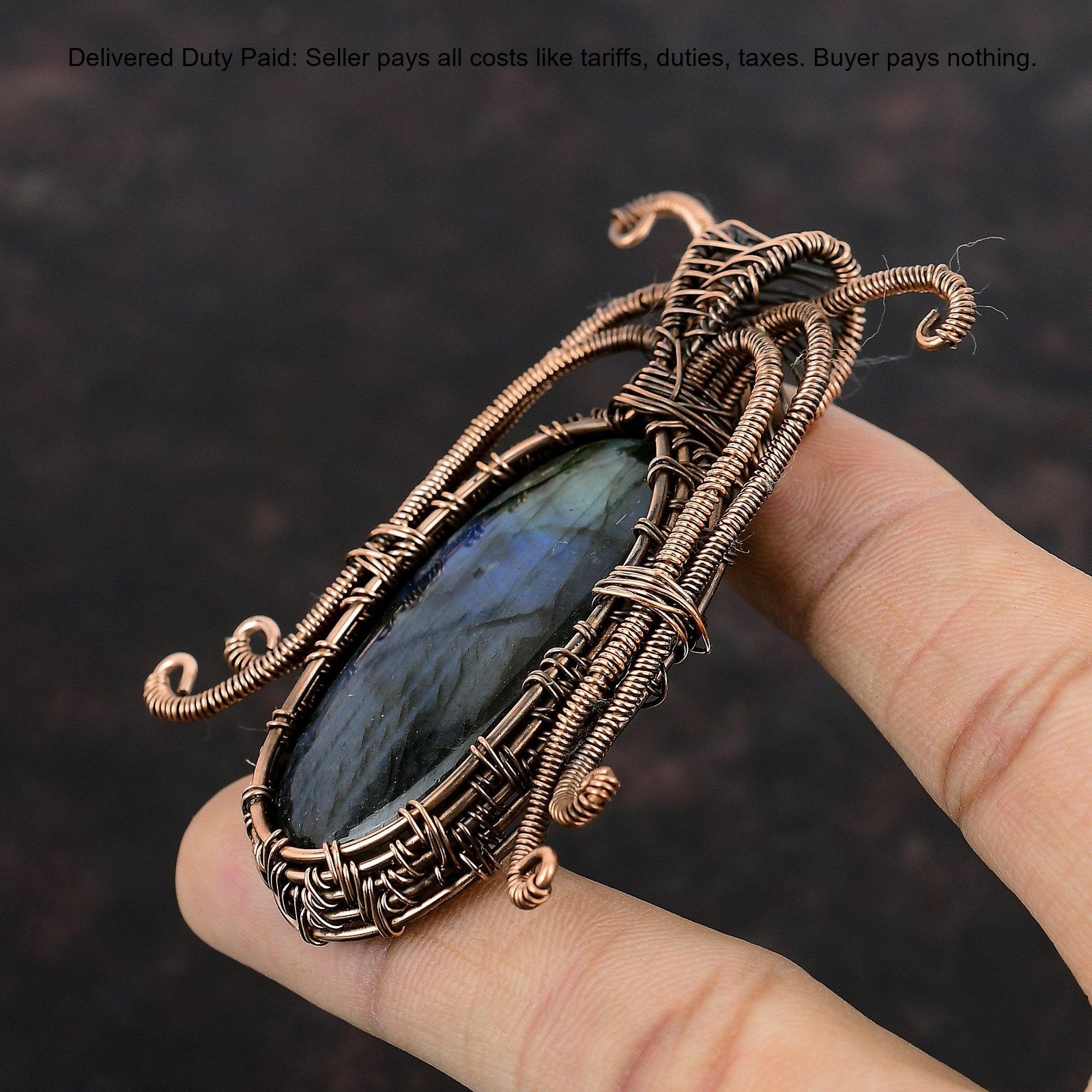 Copper Third Eye Chakra Labradorite Gemstone Unique Wire Wrapped Pendant Jewelry