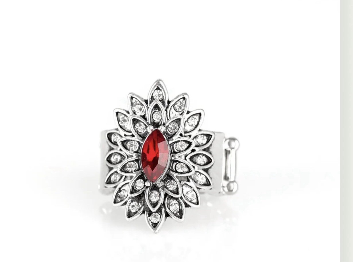 Ruby Red marquis Cut Rhinestone Blooming Fire paparazzi stretch ring
