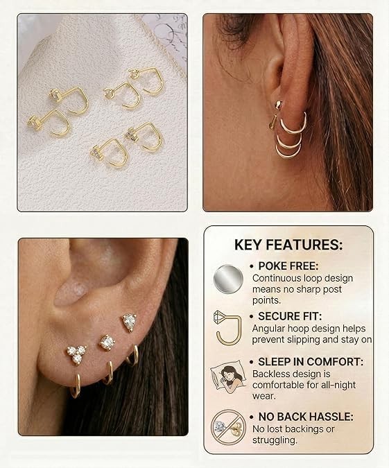 Backless Half Hoop Earrings Gold Silver Stay Closed Open Hoop Earrings for Women