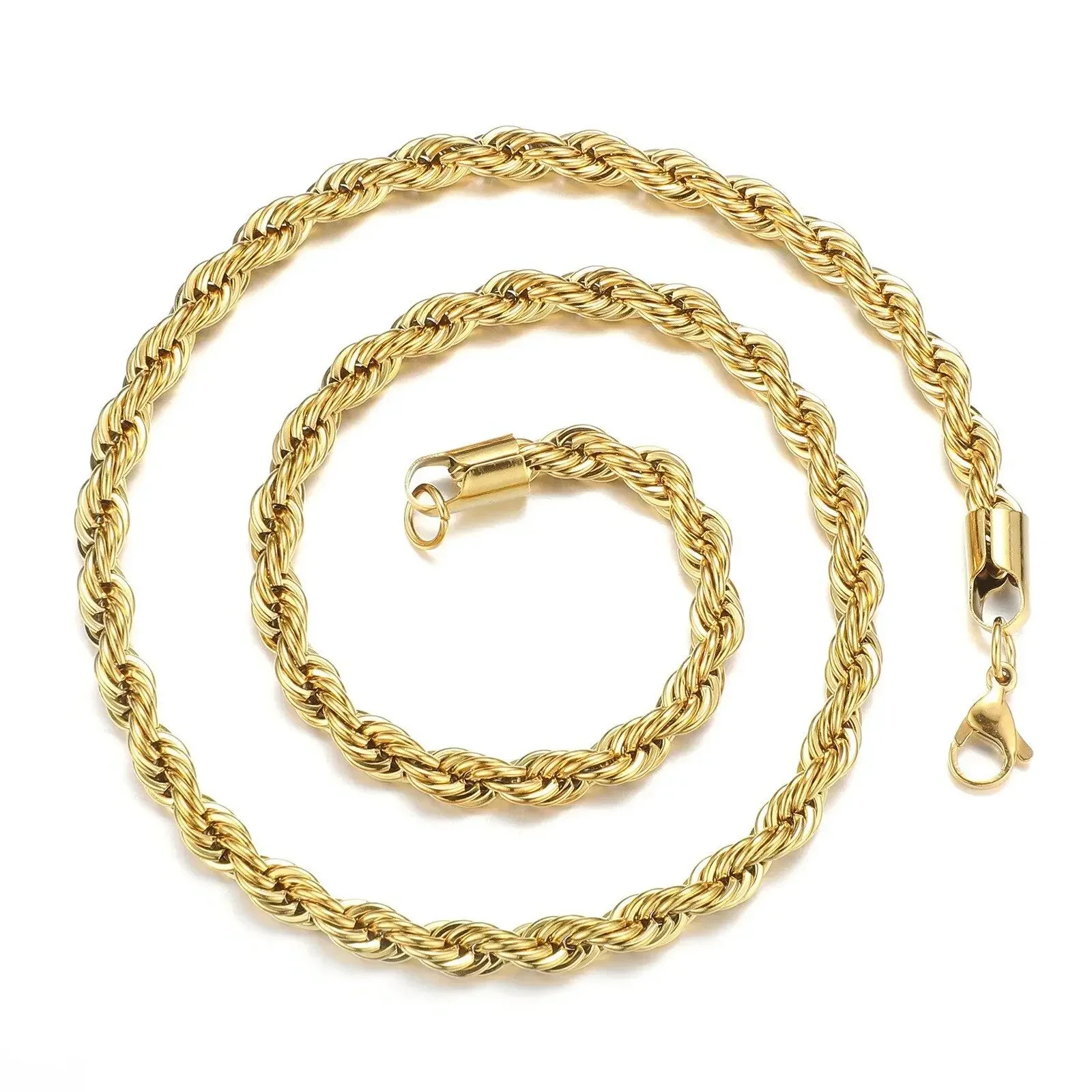 Gold Plated Stainless Steel Rope Chain Necklace 4mm Unisex Men Women