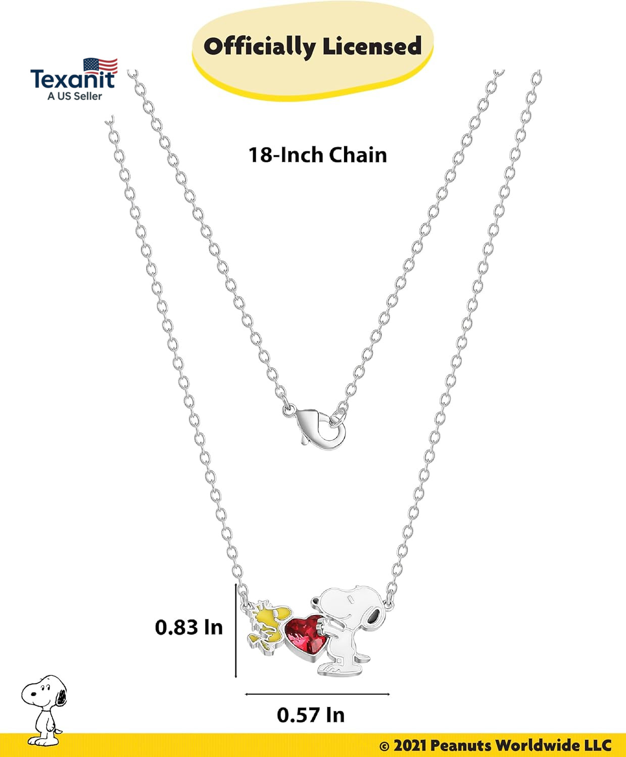 Official Snoopy and Woodstock Necklaces, Silver Flash-Plated with Red Crystal He