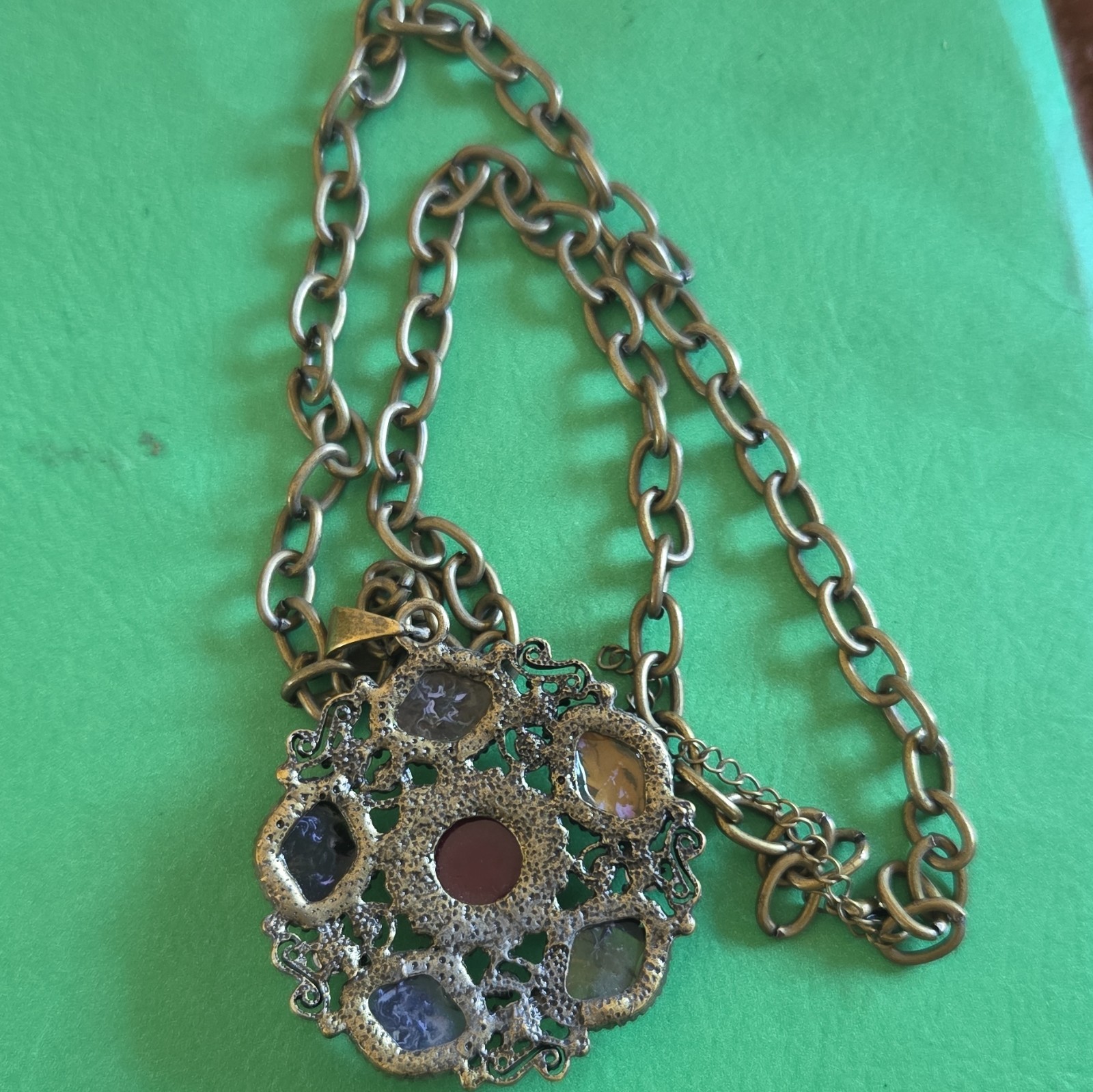 Gold Tone Cable Chain Necklace w/ Round Multicolor Pendant, Metal