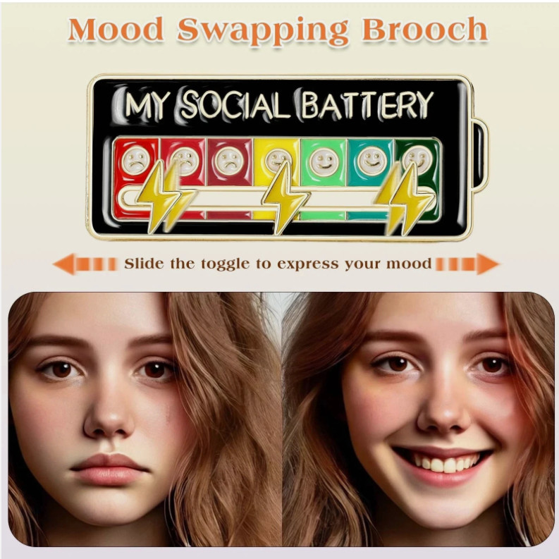 Funny Social Battery Cute Interactive Pin Slider Pin – 7-Mood Expression Badge,