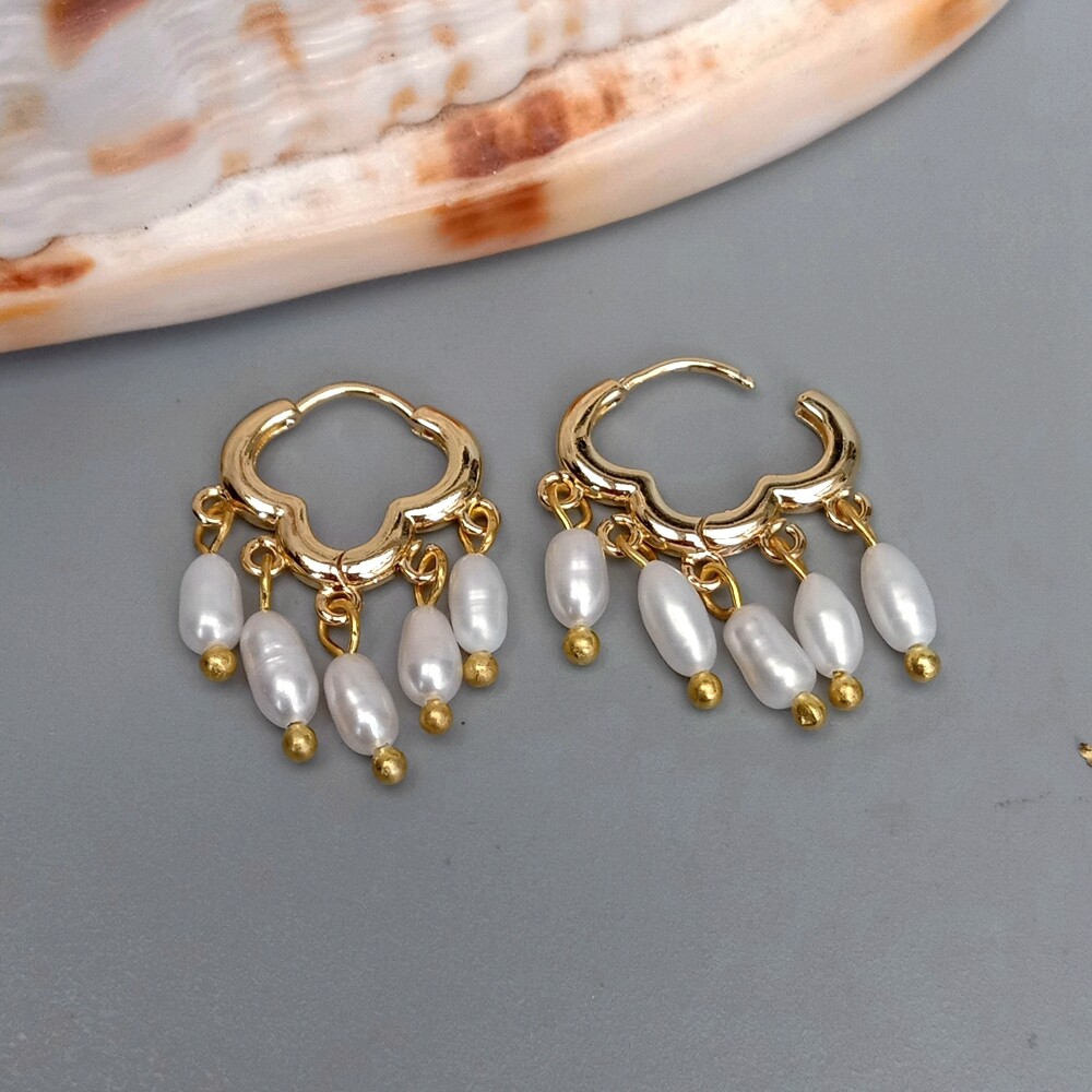 Freshwater Cultured White Rice Pearl Cloud gold plated hoop Earrings