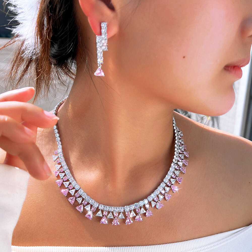 Chic Silver Plated CZ Pink Triangles Square Tennis Necklace Earrings Jewelry Set