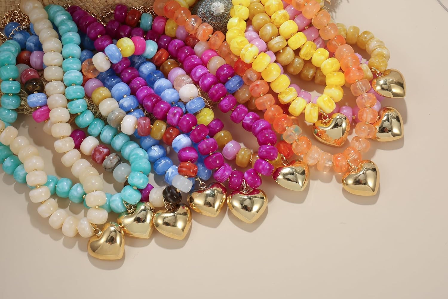 Chunky Heart Necklace for Women, Colorful Acrylic Beaded Statement Puff Heart Ne