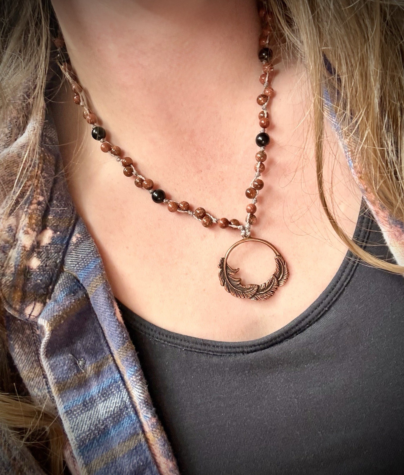 Copper Feather Pendant Necklace, Red Goldstone Crystal Ebony Wood. USA Artisan