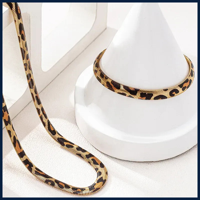 Leopard Print Snake Chain Bracelet Necklace Set For Women Fashion Jewelry Daily