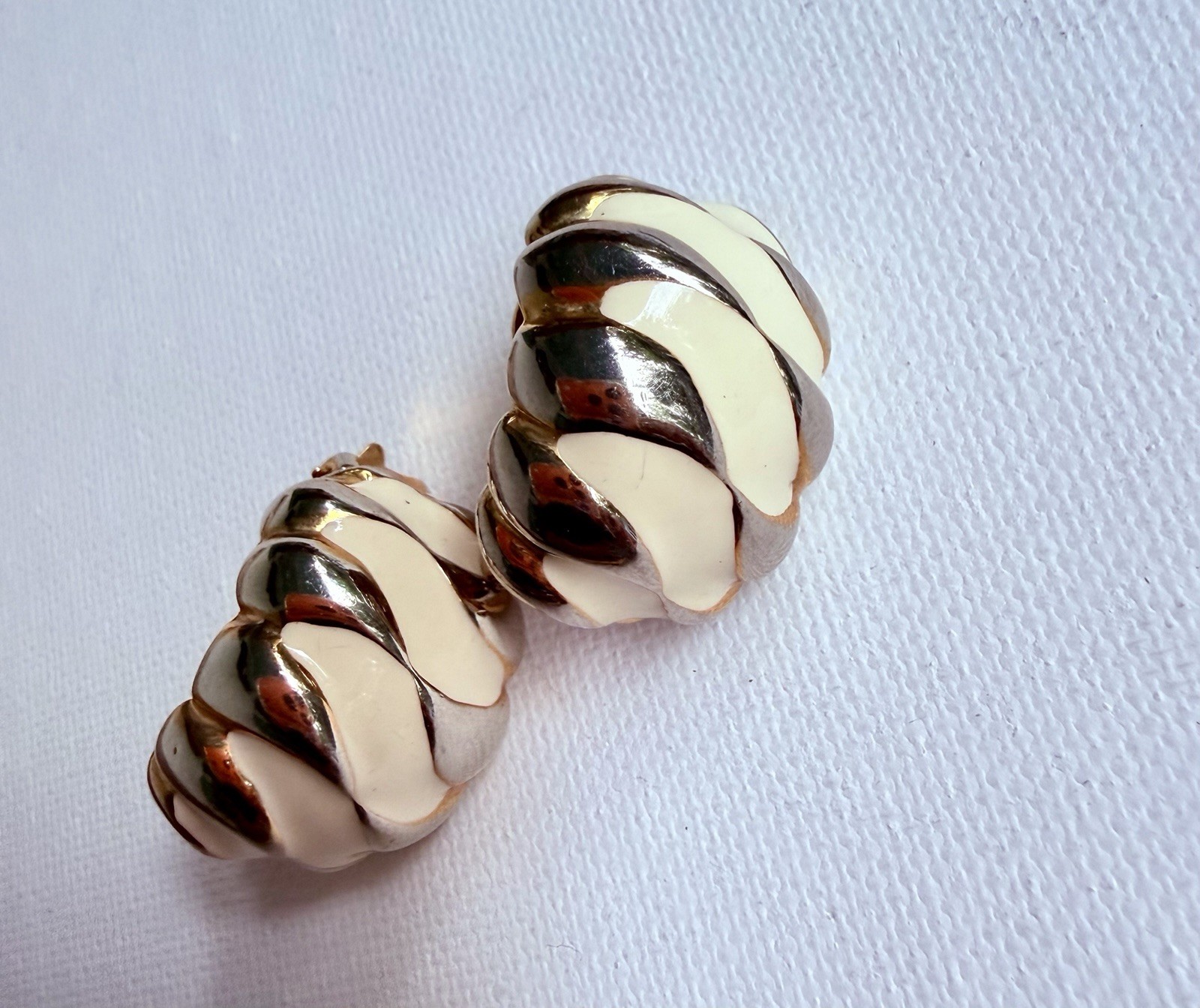 Vintage Gold Tone Enamel Earrings Lot 2 Pairs Pierced & Clip On Ivory Black