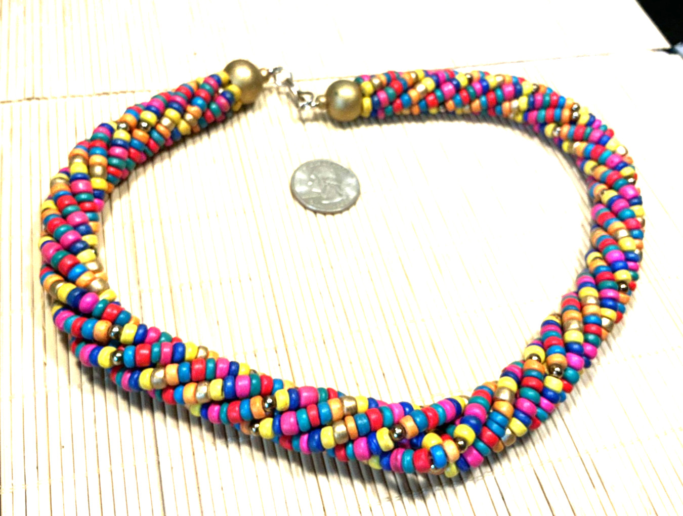 Ethnic Necklace Multi Color Wood Beaded Tube Choker Gold Tone Lot 103B