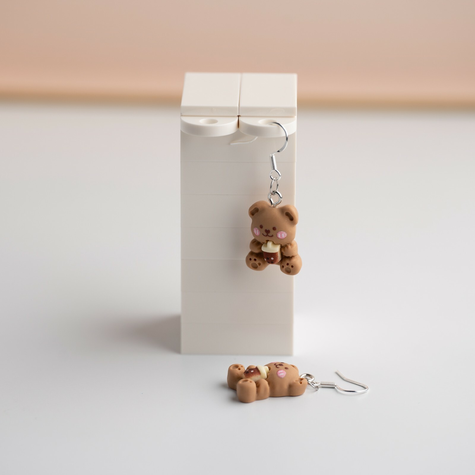 Cute Brown Teddy Bear Bubble Milk Tea Cartoon Hook Dangle Drop Earrings Gift