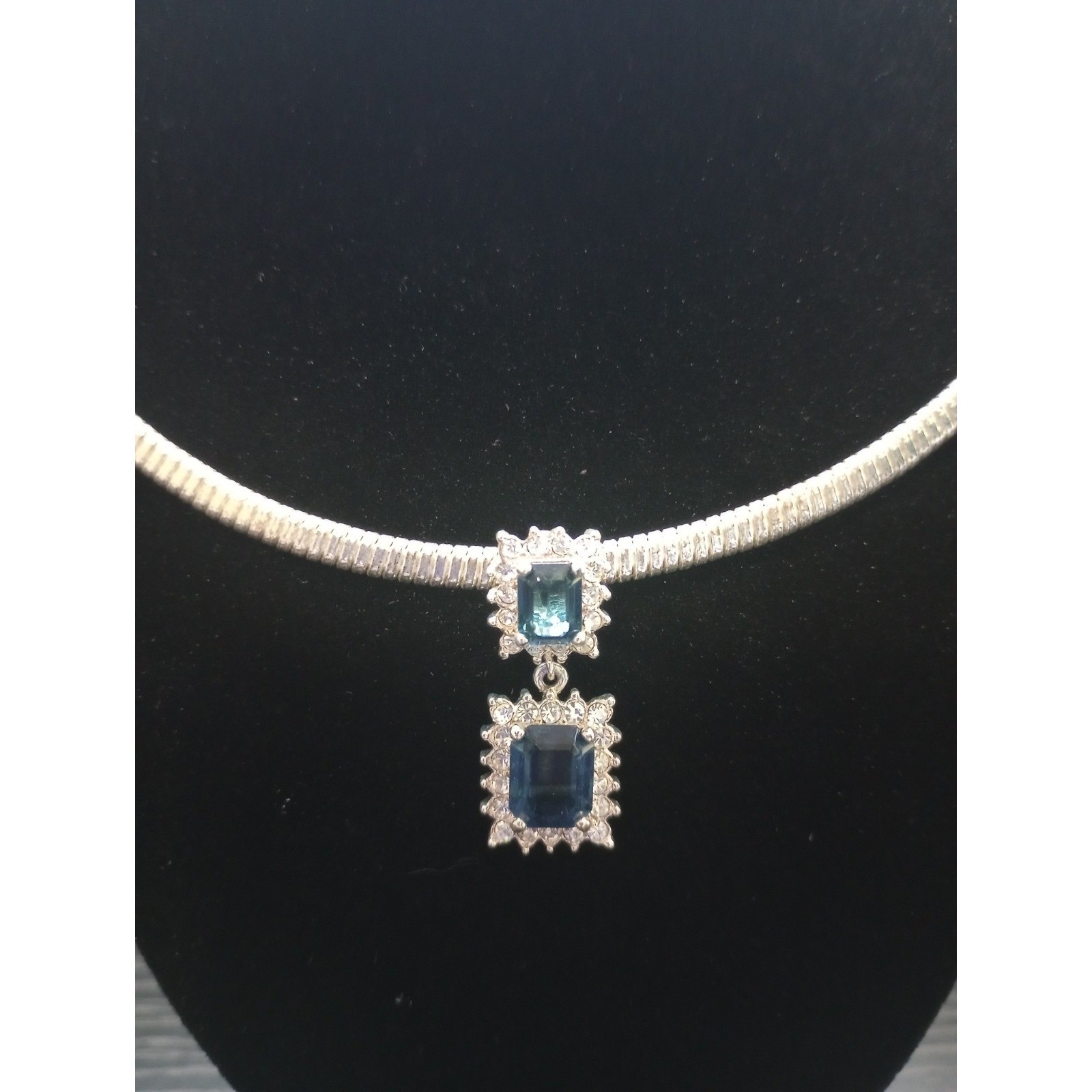 Roman Inc Blue Emerald Cut Crystal Halo Necklace & Stud Earring Set Silver Tone