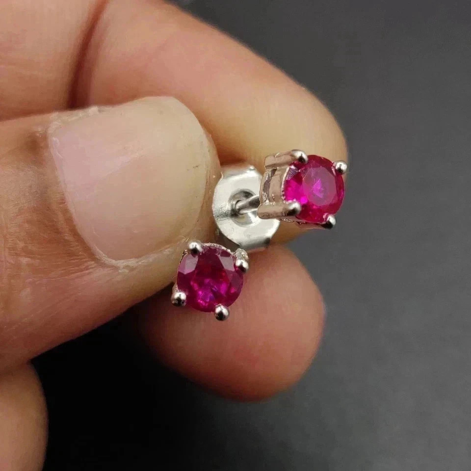 Round Cut Simulated Ruby Women’s Stud Earring 14k White Gold Plated 4mm