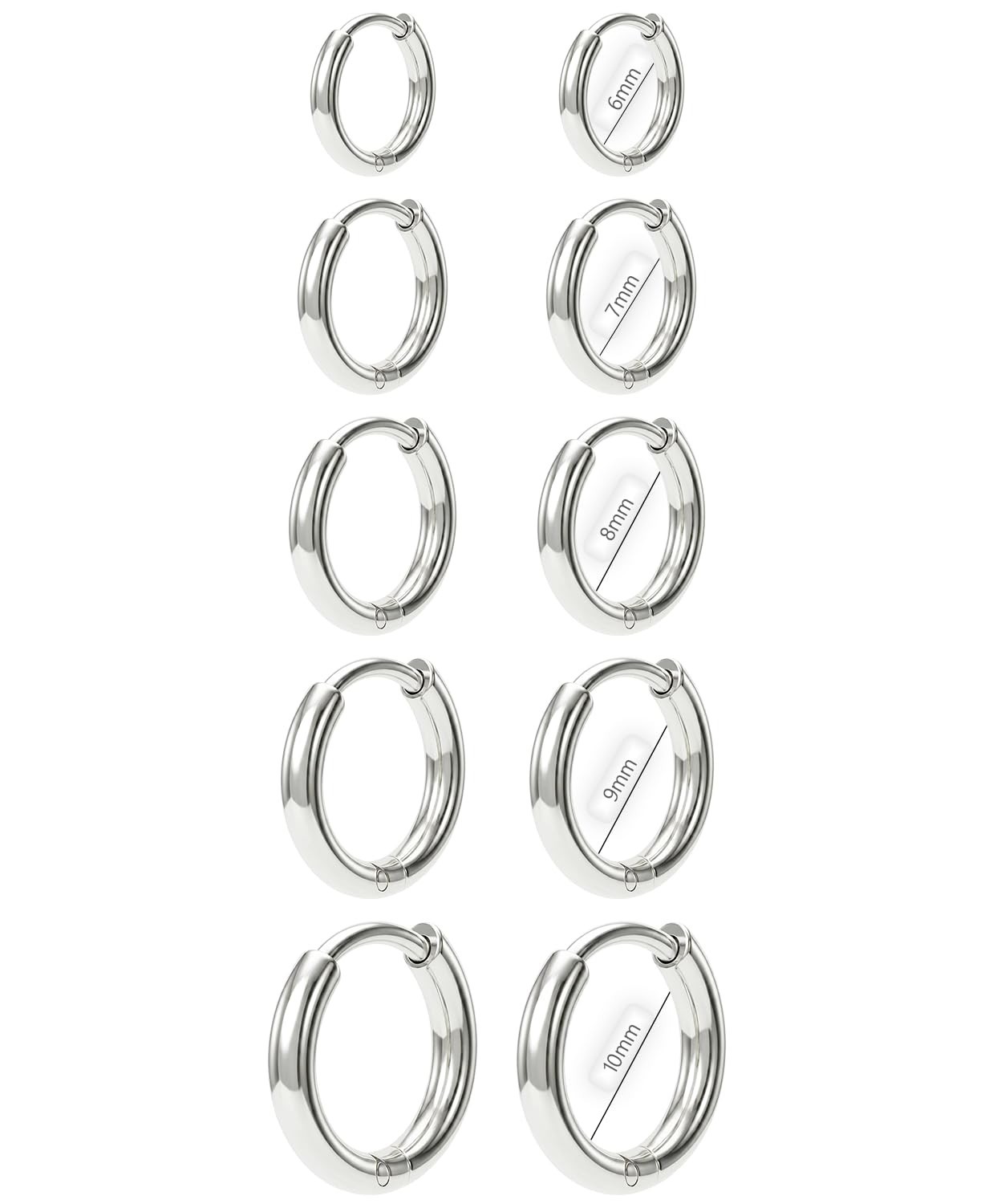 6mm-10mm Surgical Steel Huggie Hoop Earrings Flat Back Stud Set Piercing Jewelry