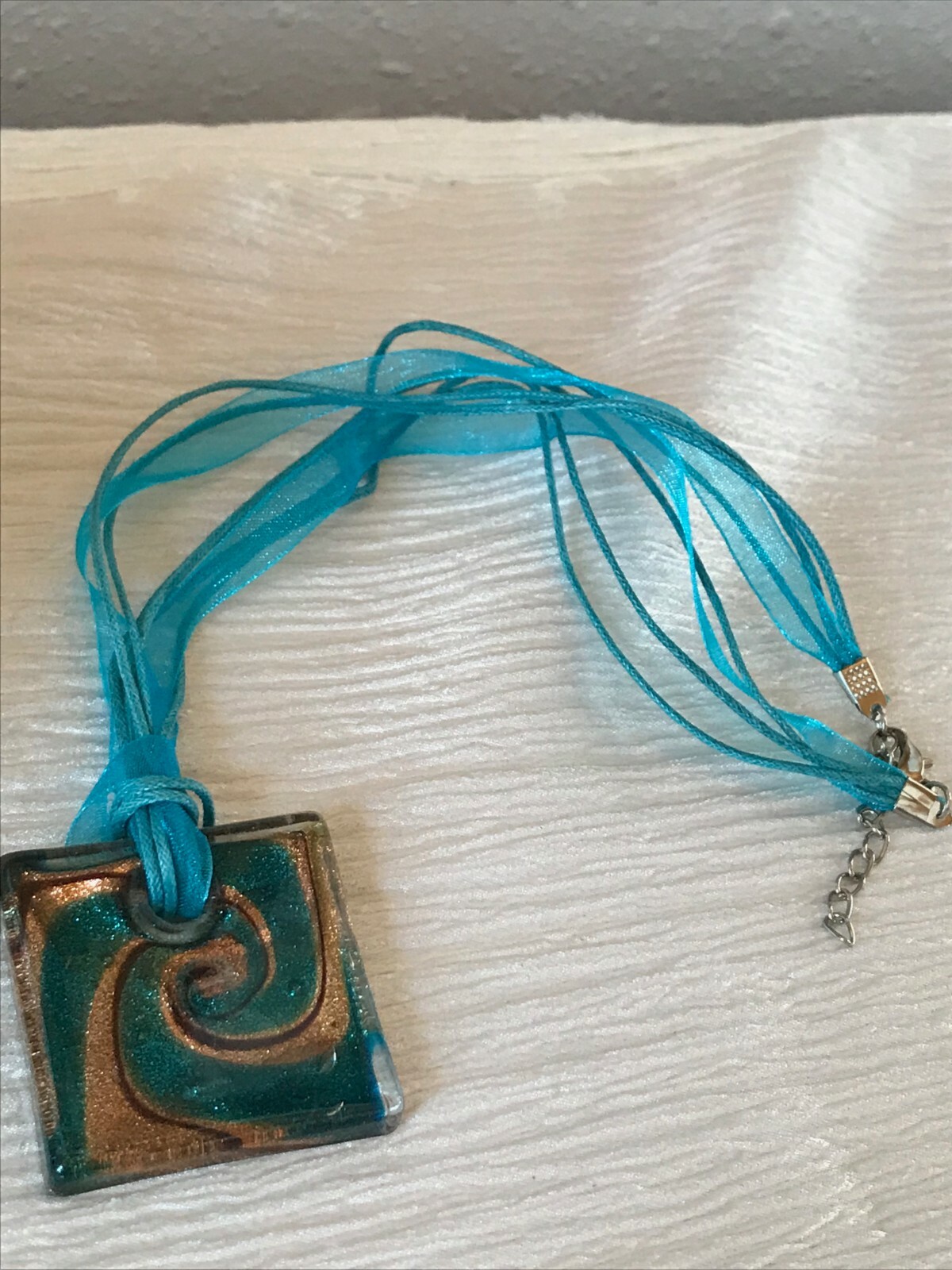 Estate Multistrand Aqua Silk Cord with Large Square Swirl Fused Art Glass Pendan