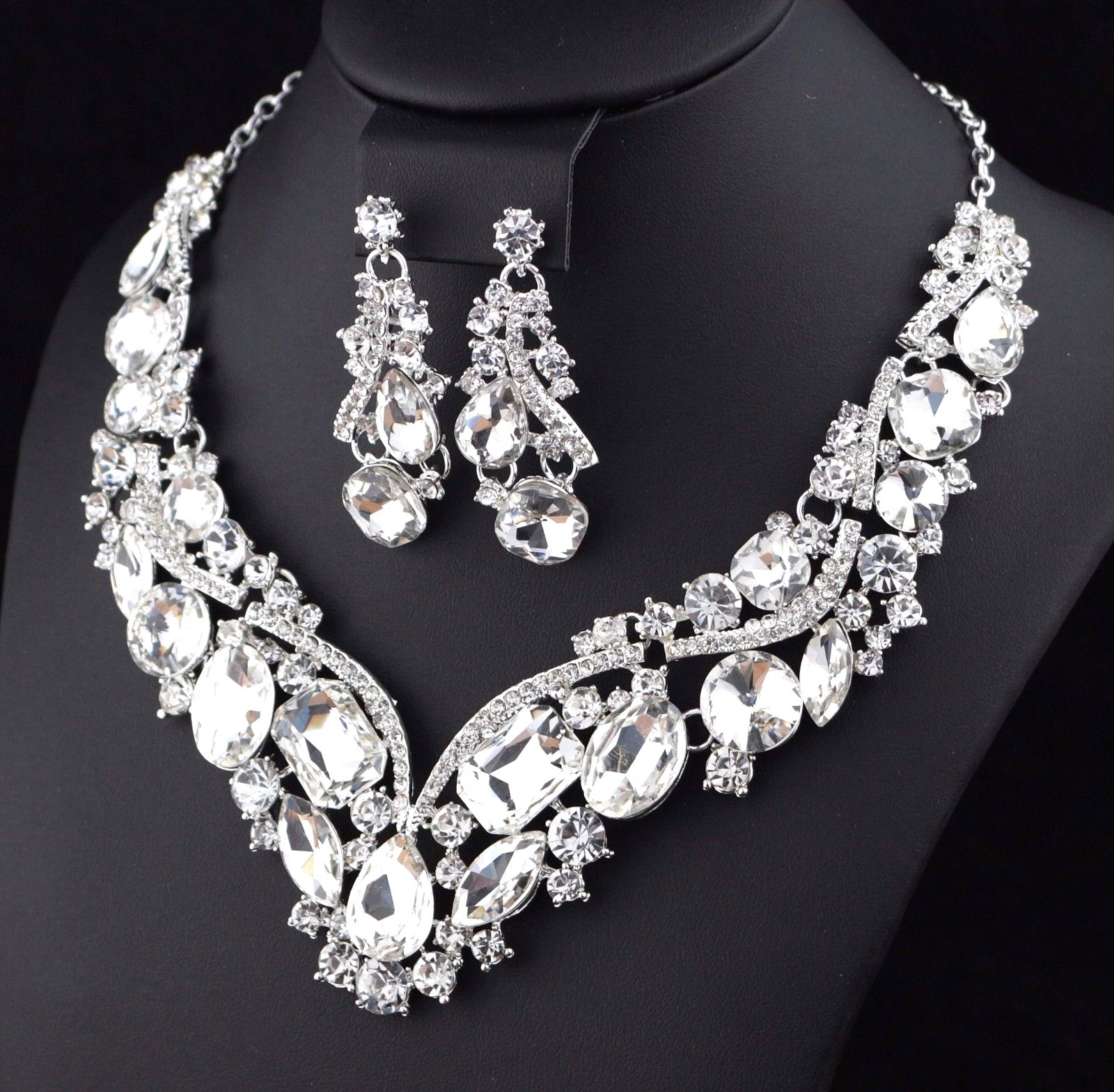 Elegant Clear Austrian Crystal Rhinestone Necklace Earrings Set Bridal Prom N35