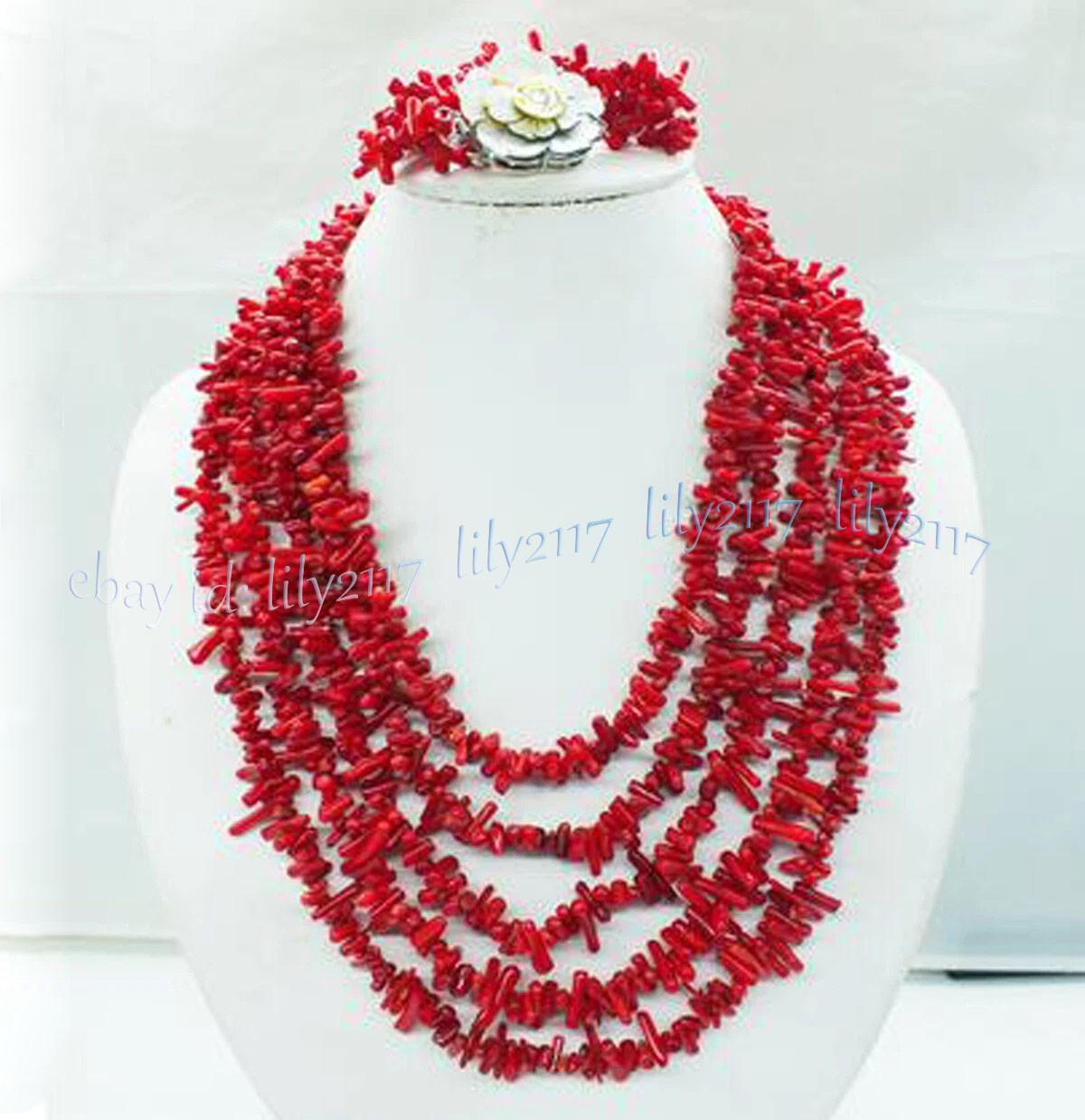 Charming 5Rows Natural Red Coral Irregular Chip Gems Beads Necklace Bracelet Set