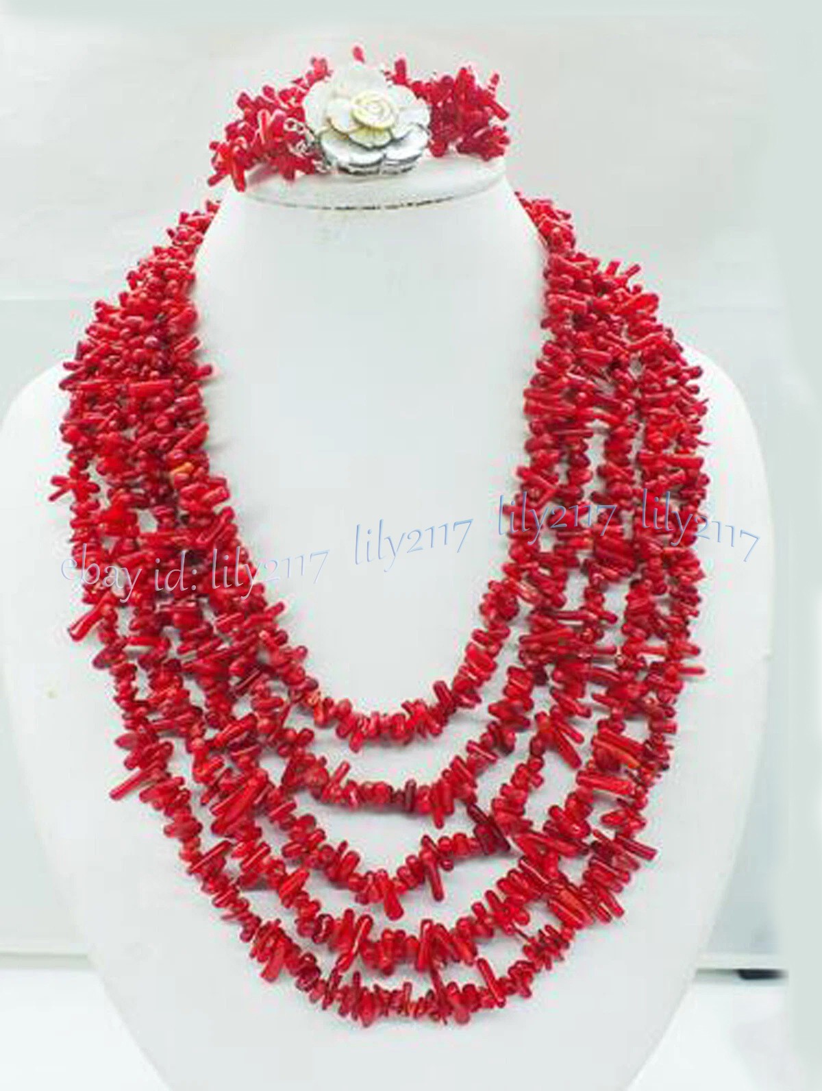 Charming 5Rows Natural Red Coral Irregular Chip Gems Beads Necklace Bracelet Set