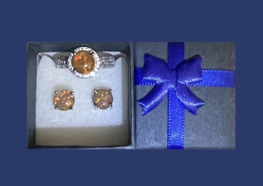 DEAL! Stunning Orange Fire Opal Necklace, Earrings, & CZ Halo Ring Size 9 Set