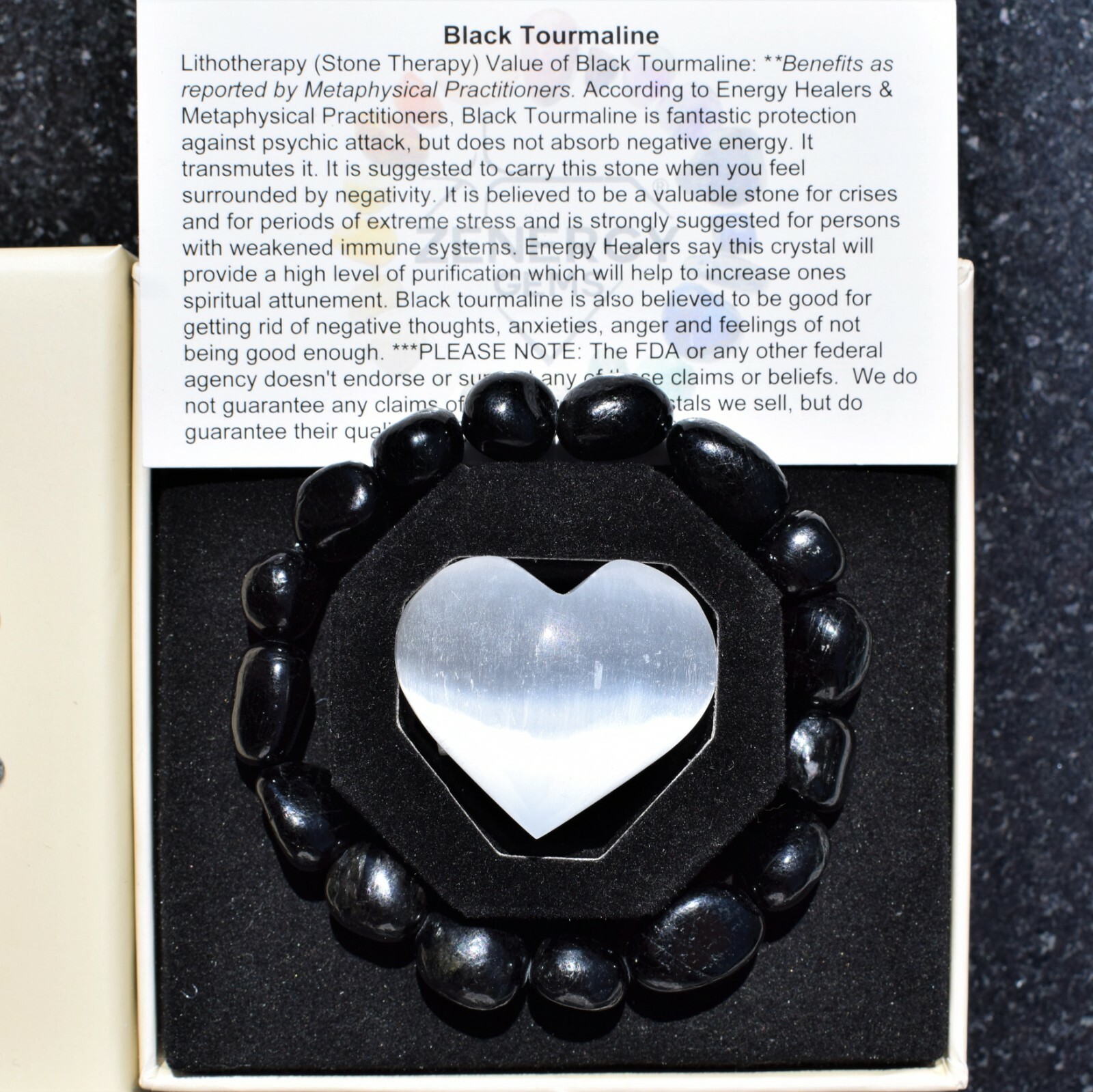 CHARGED 7″ Natural Black Tourmaline Crystal Stretchy Bracelet + Selenite Heart