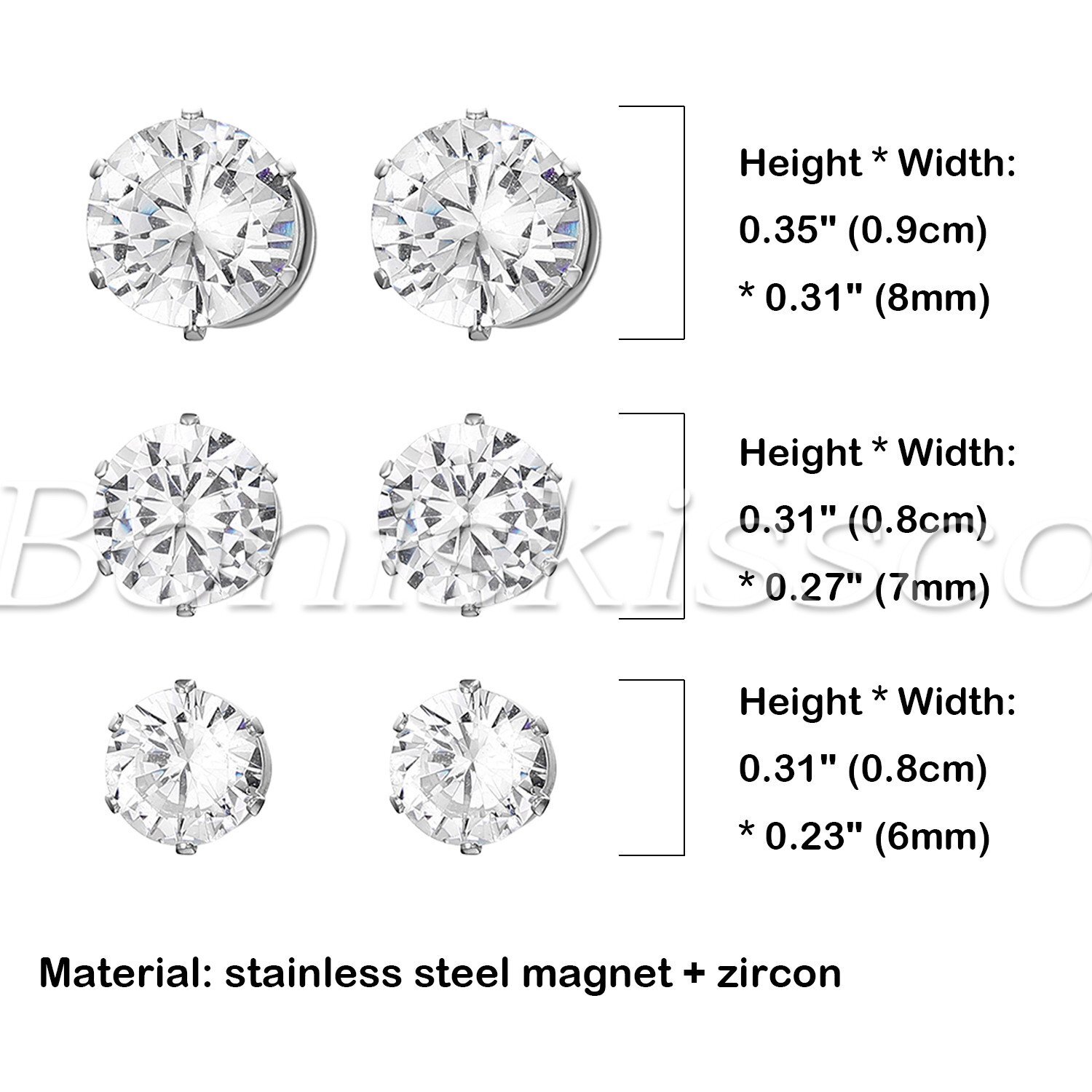 6Pairs Women’s Men’s Unisex Round Cut Shining Cubic Zirconia Earrings Ear Studs