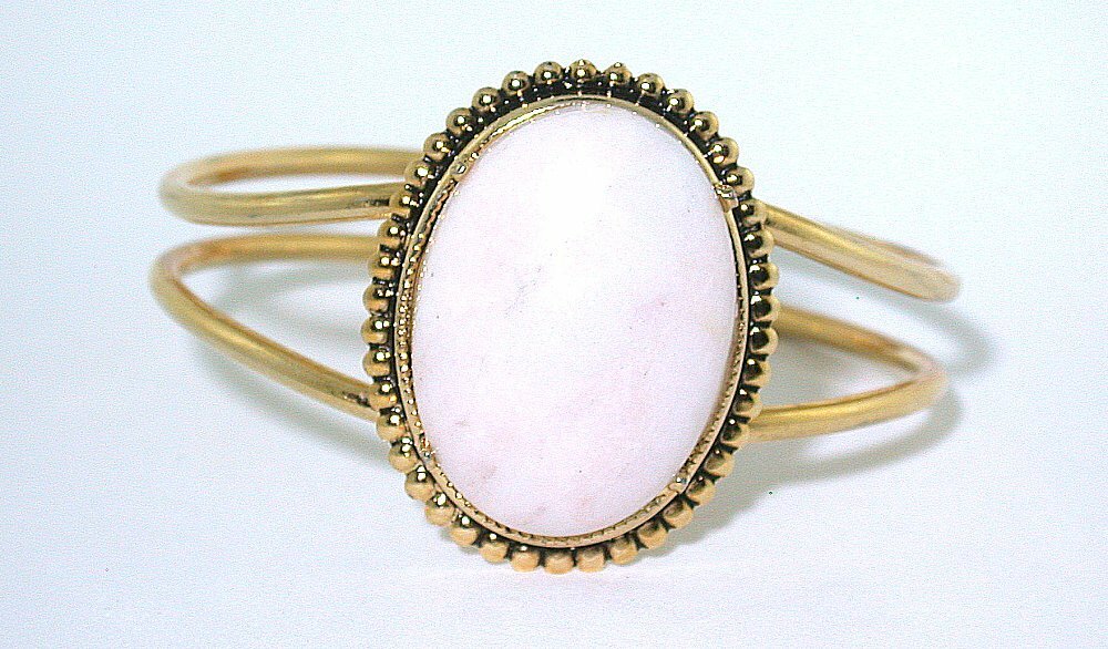 30×22 Snow Quartz Cabochon Spring Load 7 1/2 Inch Goldplated Cuff Bracelet ECB46