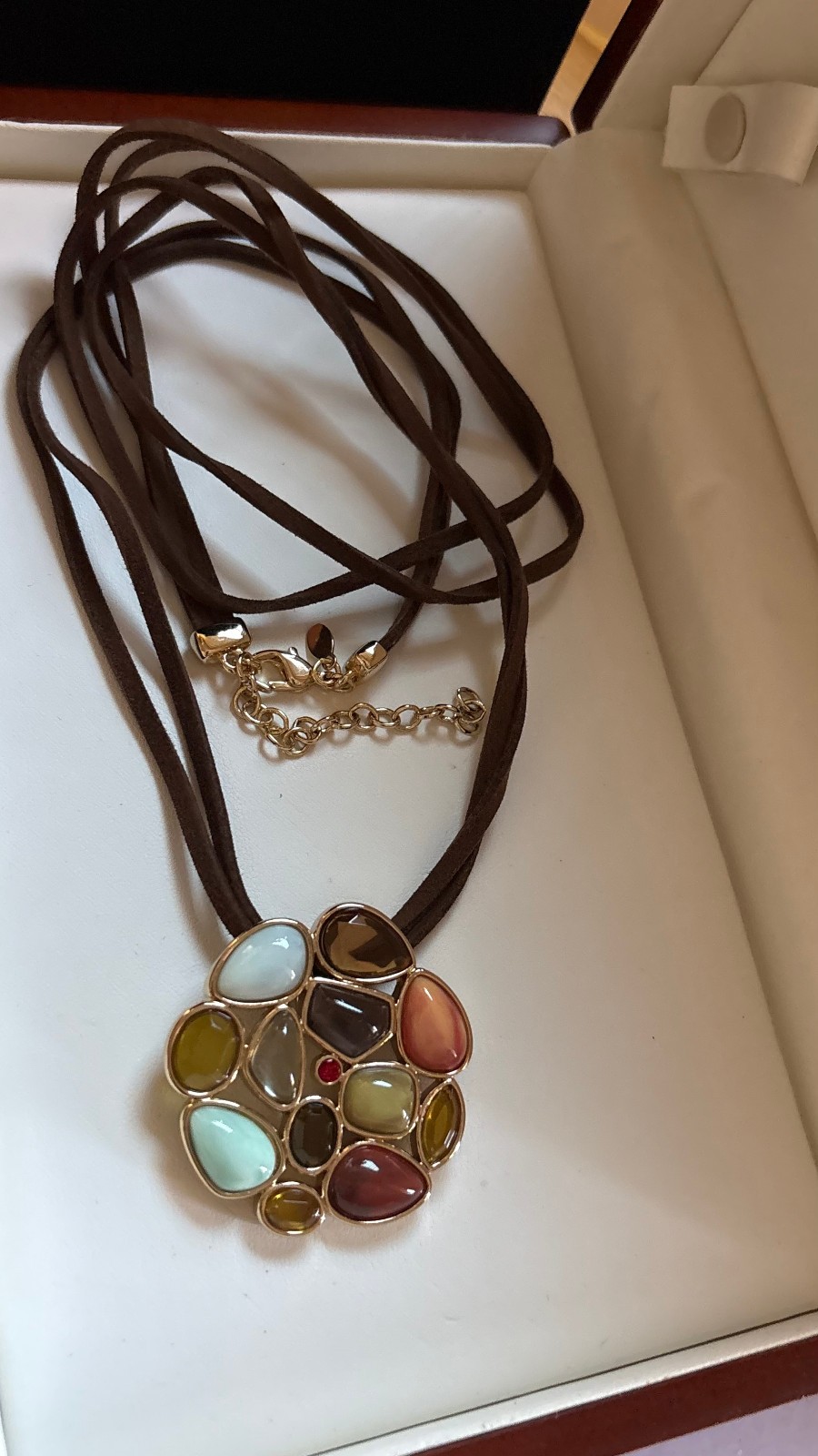 Delia Multi-Colored Charm Pendant Necklace – Adjustable Leather Cord (30”-32”)