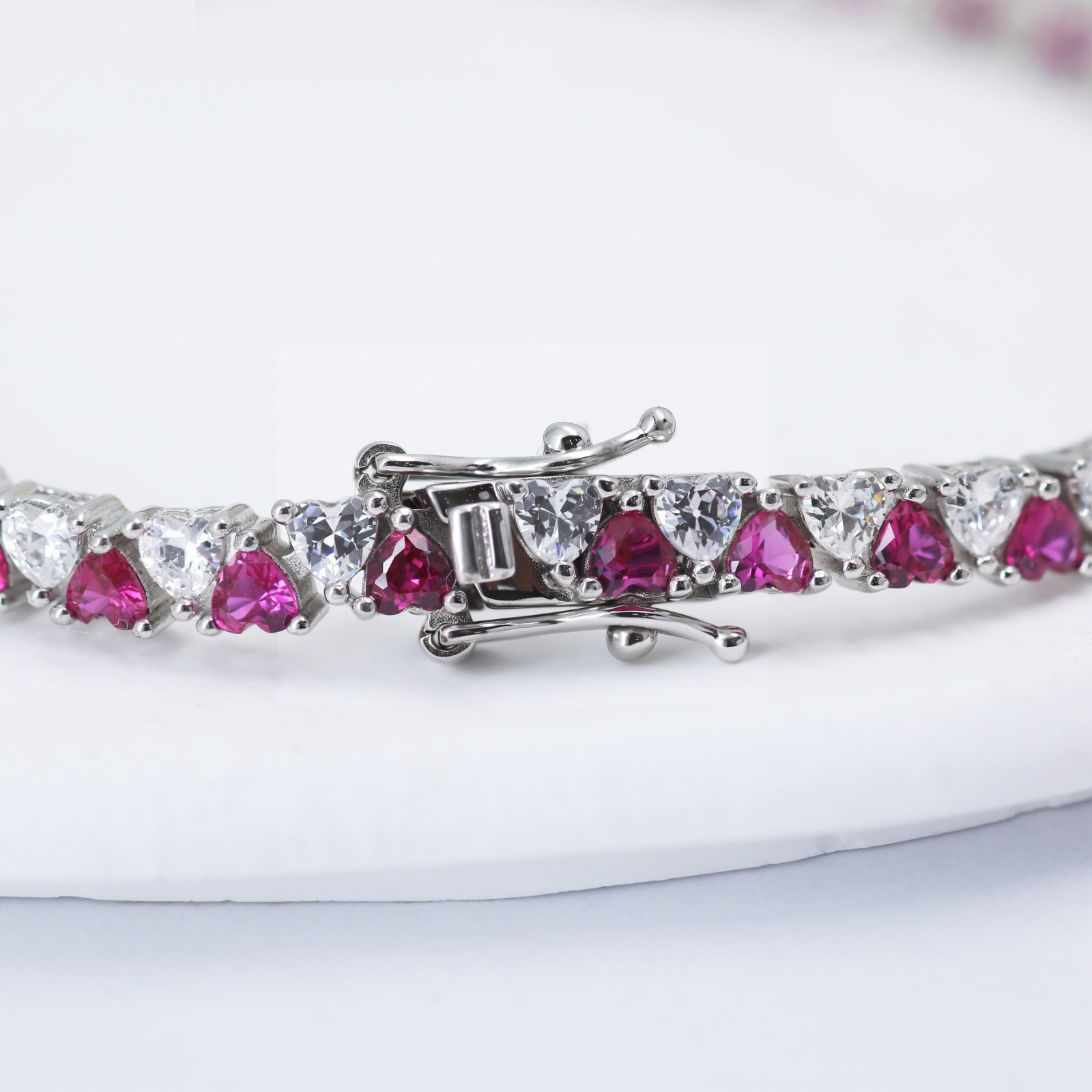 925 Silver Pink Ruby & Moissanite Clear Heart Crystal Tennis Bracelet Women Gift