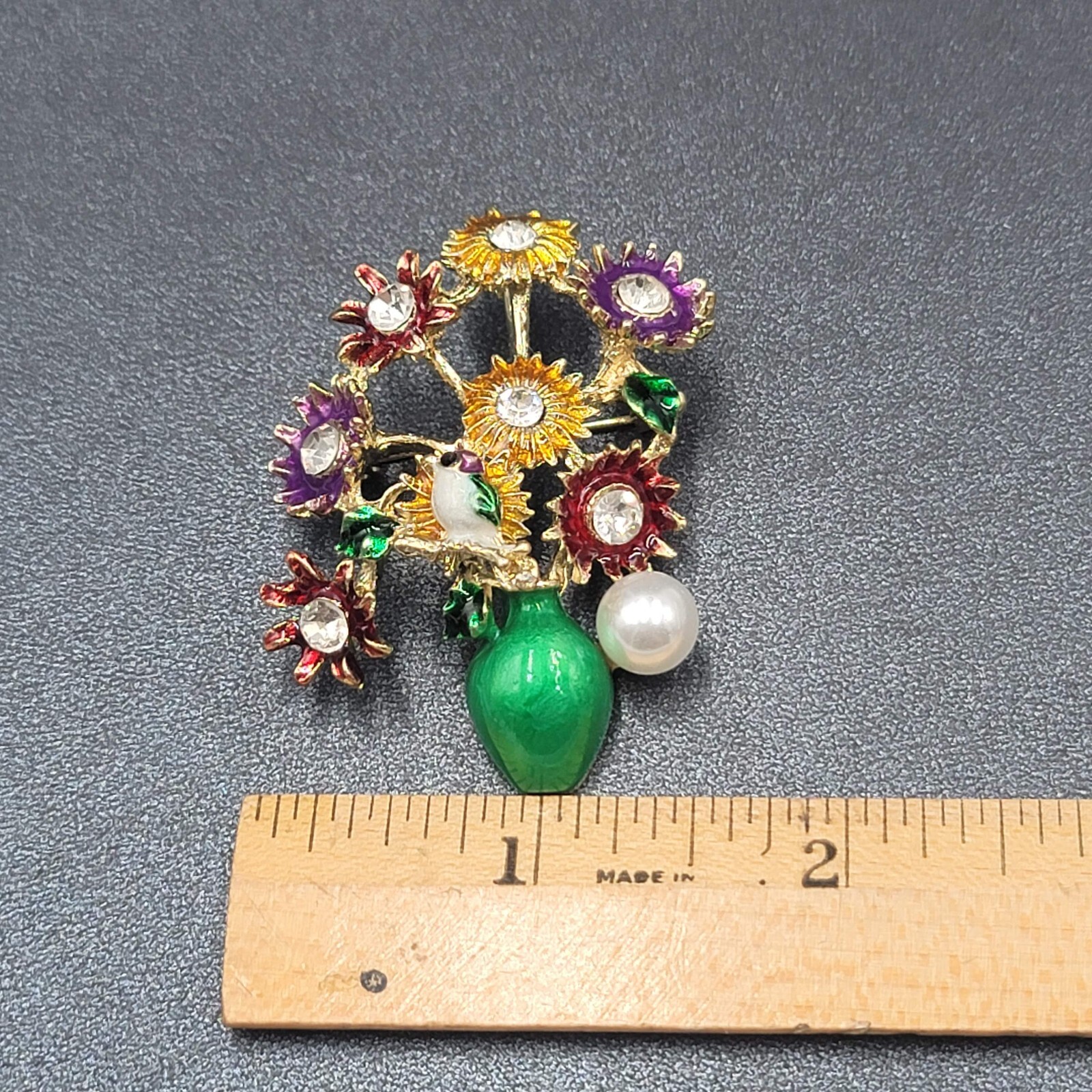 Crystal Rhinestone Flower Bouquet Brooch Pendant Green Enamel Multicolor 2.25″