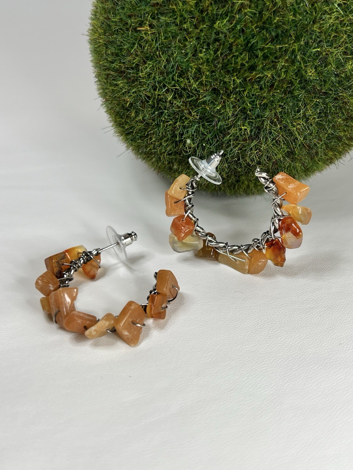 Handmade Carnelian chips wire wrapped silver tone boho open hoop earrings