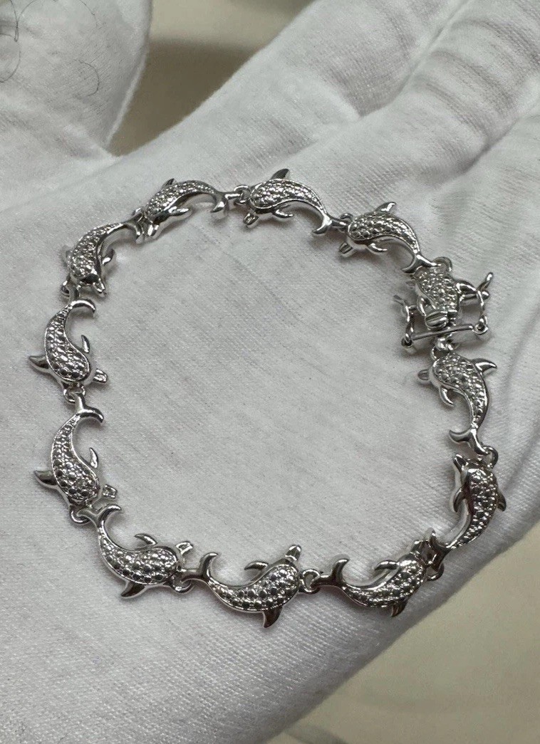 Vintage Silver Plated Dolphin bracelet with Genuine Diamond Accents 7.5 Inch