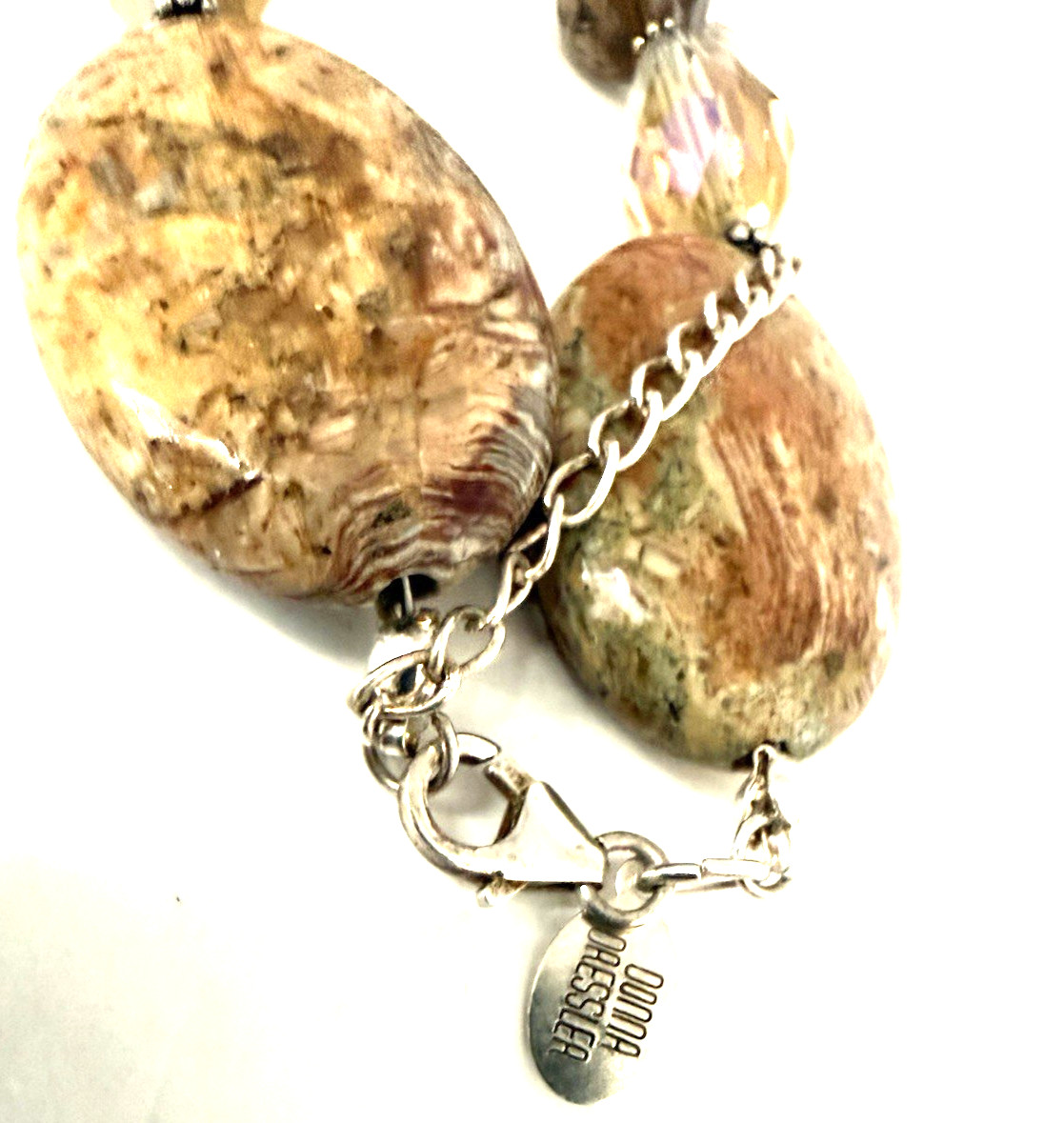 DONNA DRESSLER 17″ Chunky Brown/Orange Agate & Crystal 925 Sterling Necklace